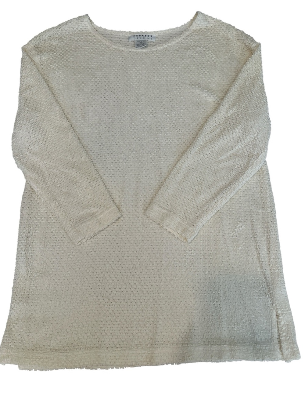 Vintage Express Tricot SzP White Textured 3/4 Sleeve Knit Tunic Sweater EVC